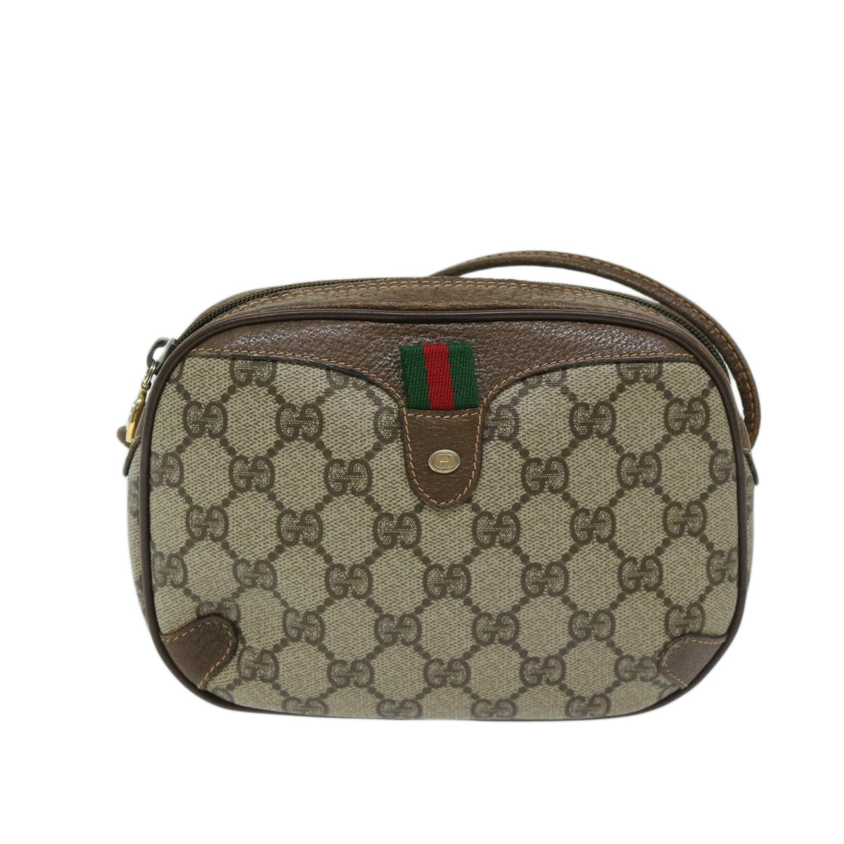 GUCCI GG Canvas Web Sherry Line Shoulder Bag PVC Beige Green Red Auth 68186