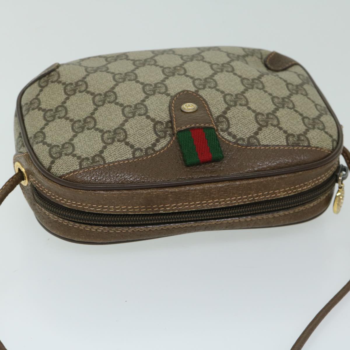 GUCCI GG Canvas Web Sherry Line Shoulder Bag PVC Beige Green Red Auth 68186