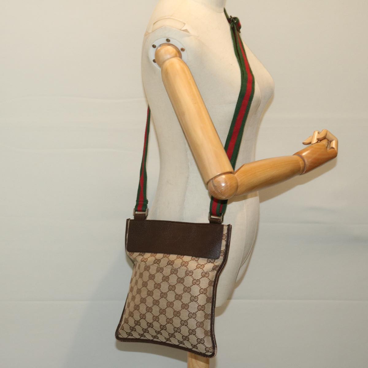 GUCCI GG Canvas Web Sherry Line Shoulder Bag Beige Green Red 27639 Auth 68211