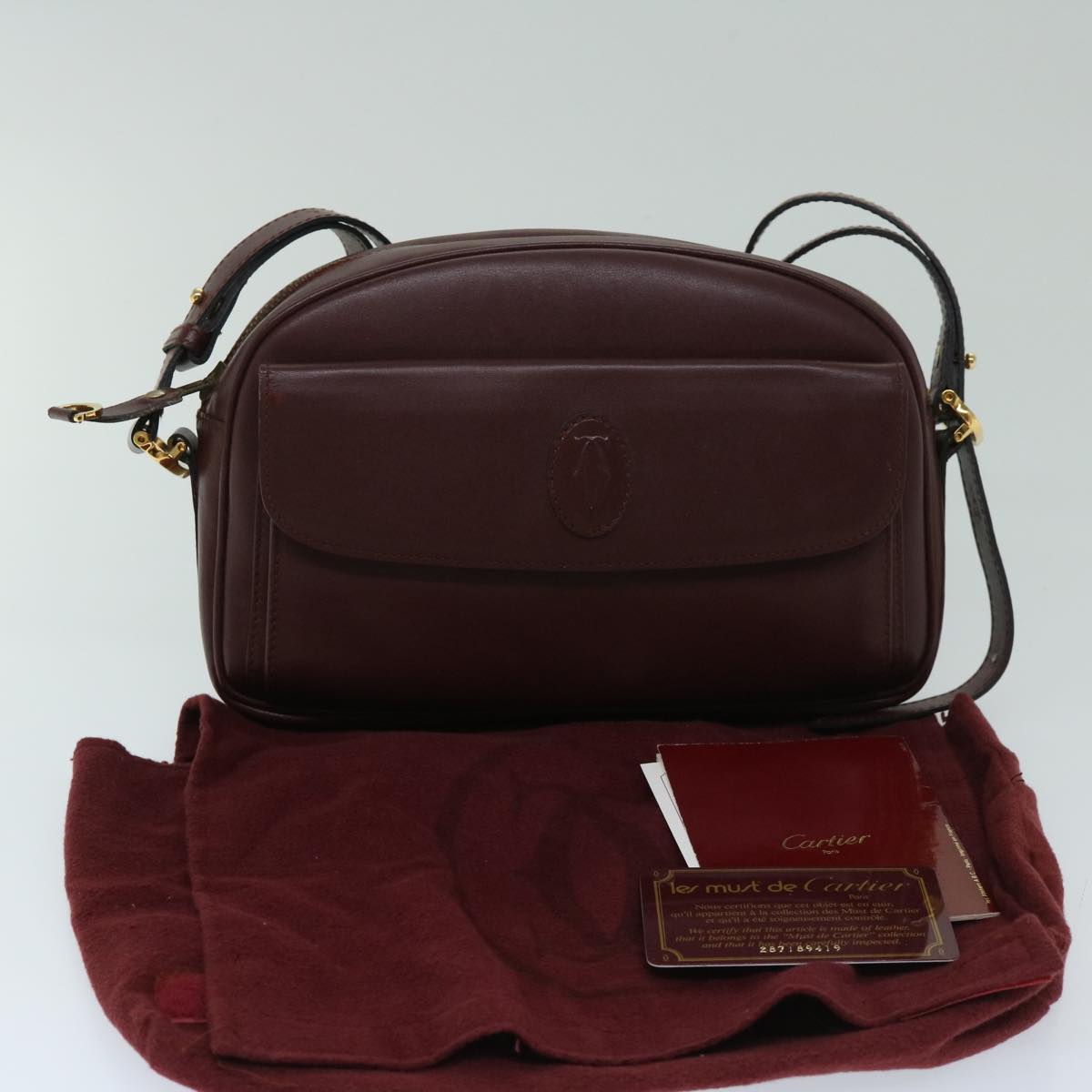 CARTIER Shoulder Bag Leather Red Auth 68238
