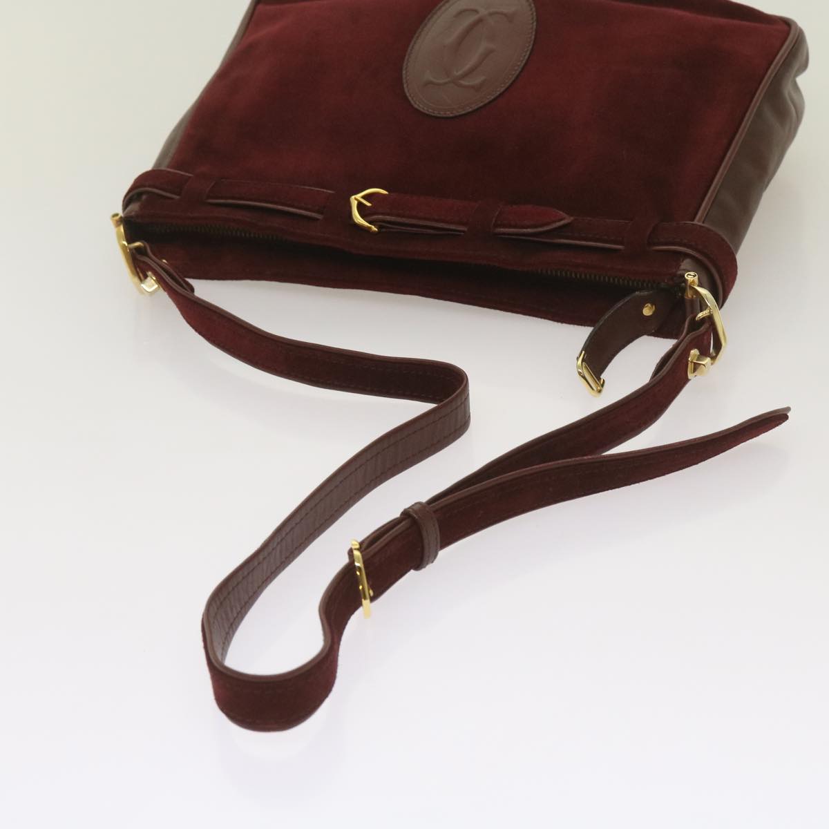 CARTIER Shoulder Bag Suede Leather Wine Red Auth 68255