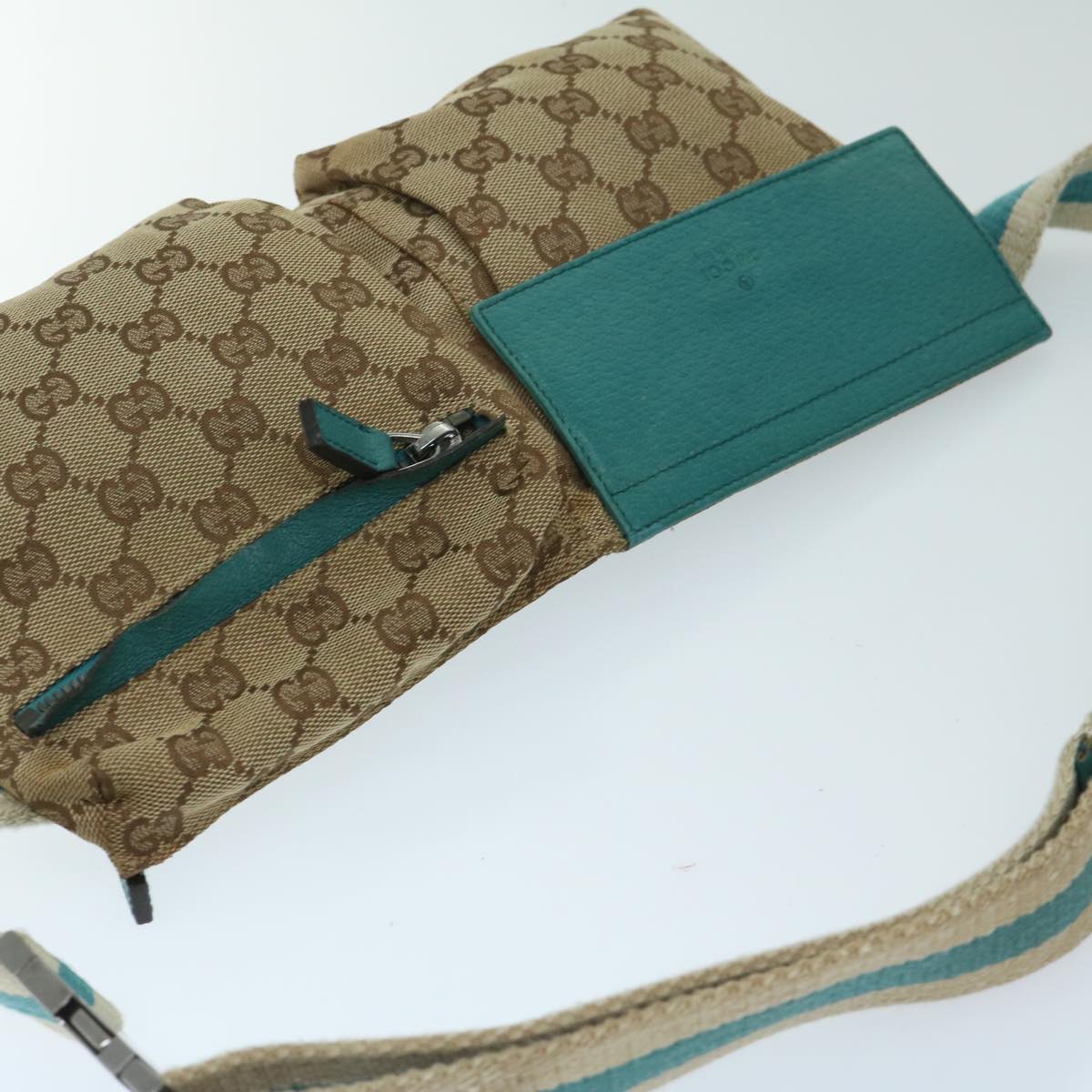 GUCCI GG Canvas Sherry Line Waist bag Beige Turquoise Blue 28566 Auth 68277