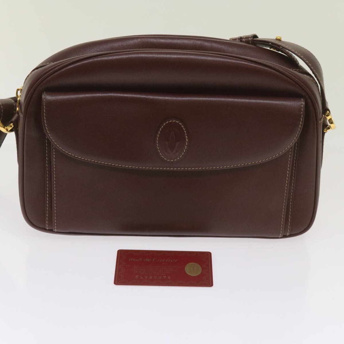 CARTIER Shoulder Bag Leather Wine Red Auth 68320