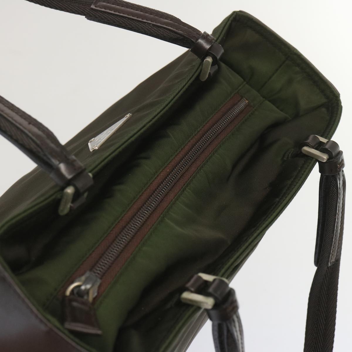 PRADA Hand Bag Nylon Leather Khaki Auth 68335