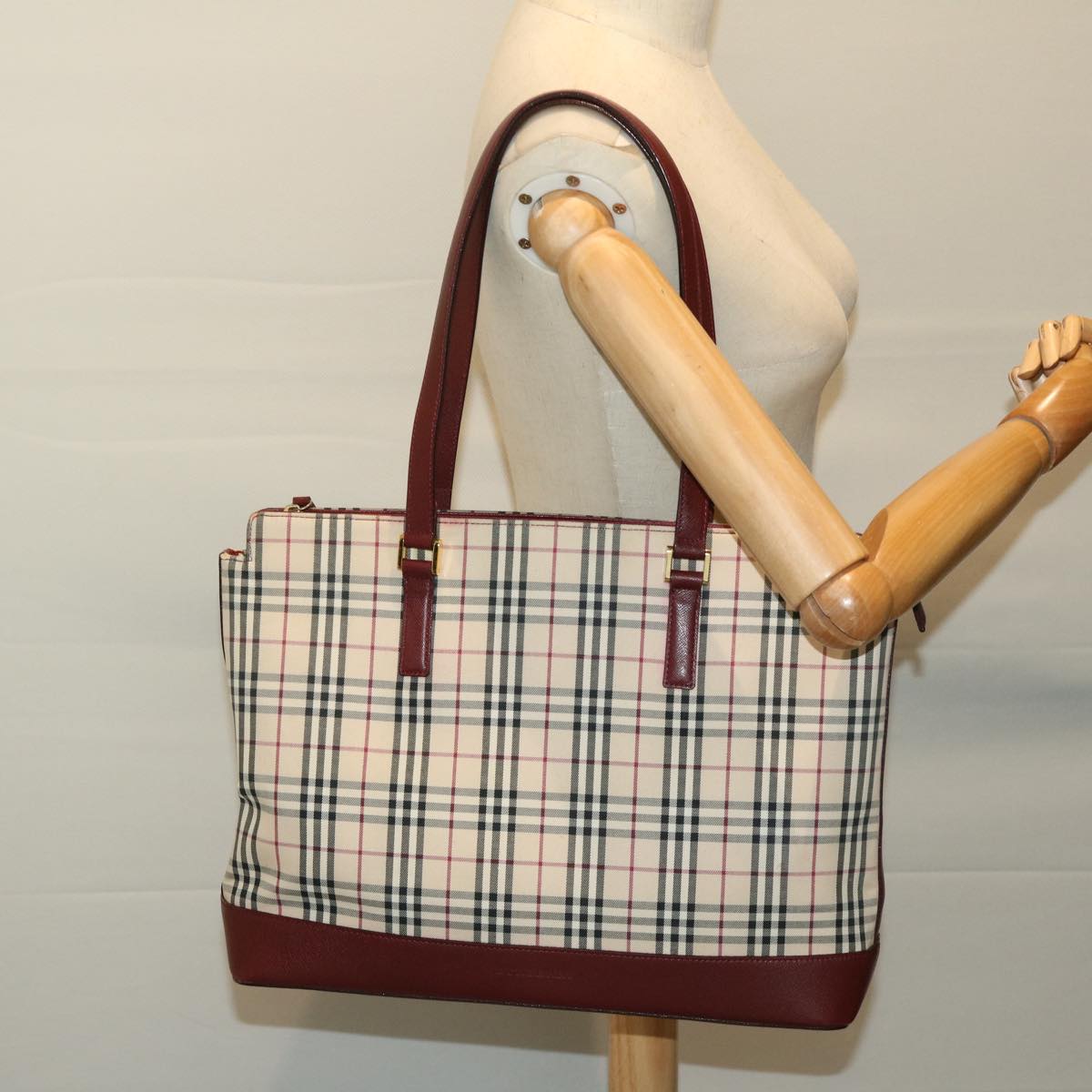 BURBERRY Nova Check Tote Bag Canvas Beige Auth 68380