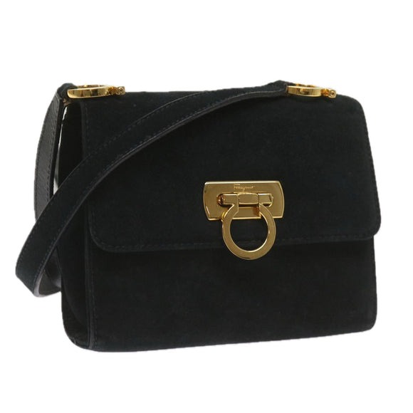 Salvatore Ferragamo Gancini Shoulder Bag Suede Black Auth 68424