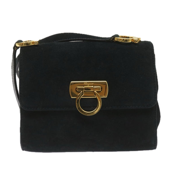 Salvatore Ferragamo Gancini Shoulder Bag Suede Black Auth 68424