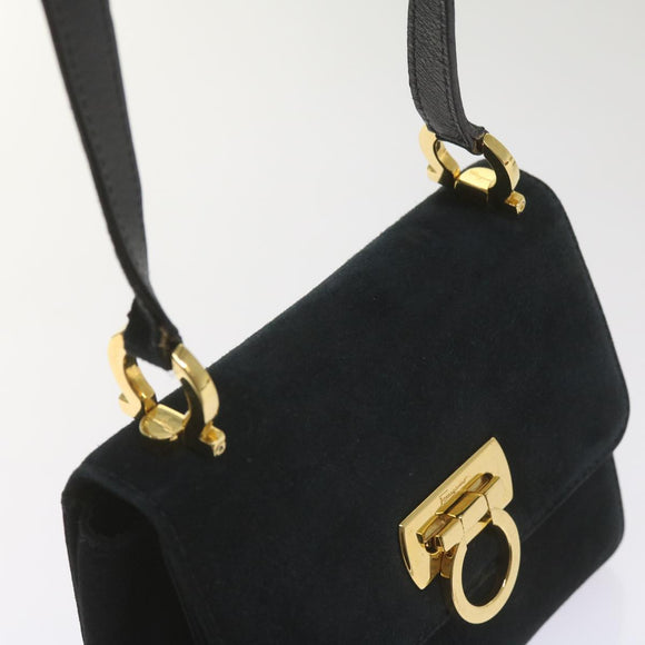 Salvatore Ferragamo Gancini Shoulder Bag Suede Black Auth 68424