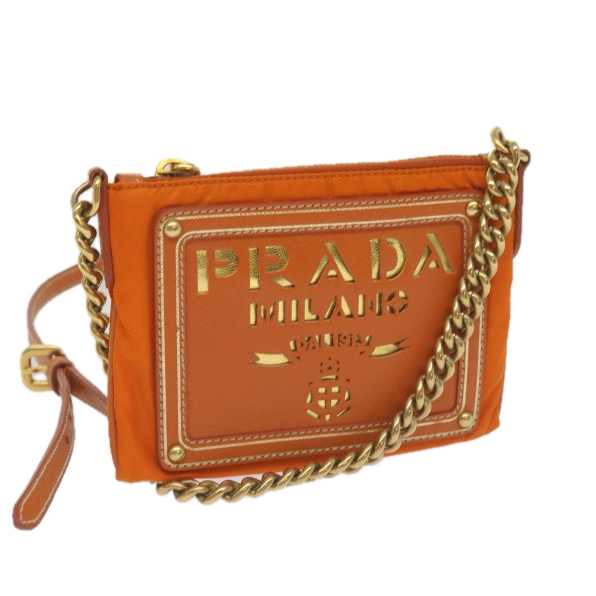 PRADA Chain Shoulder Bag Nylon Orange Auth 68432