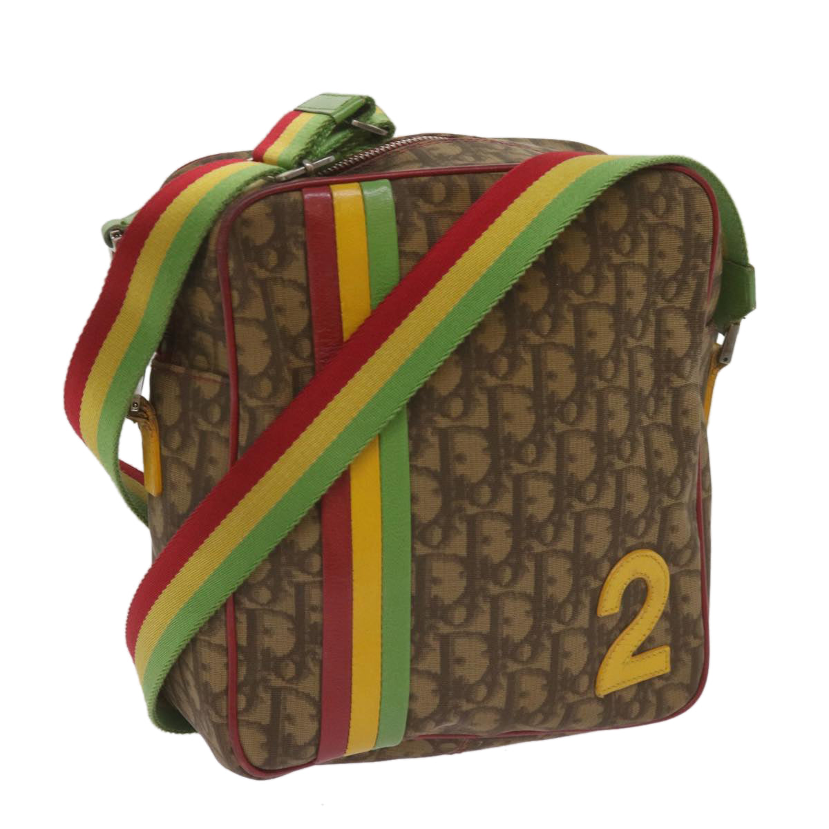 Christian Dior Trotter Canvas Shoulder Bag Rasta Color Beige Auth 68442