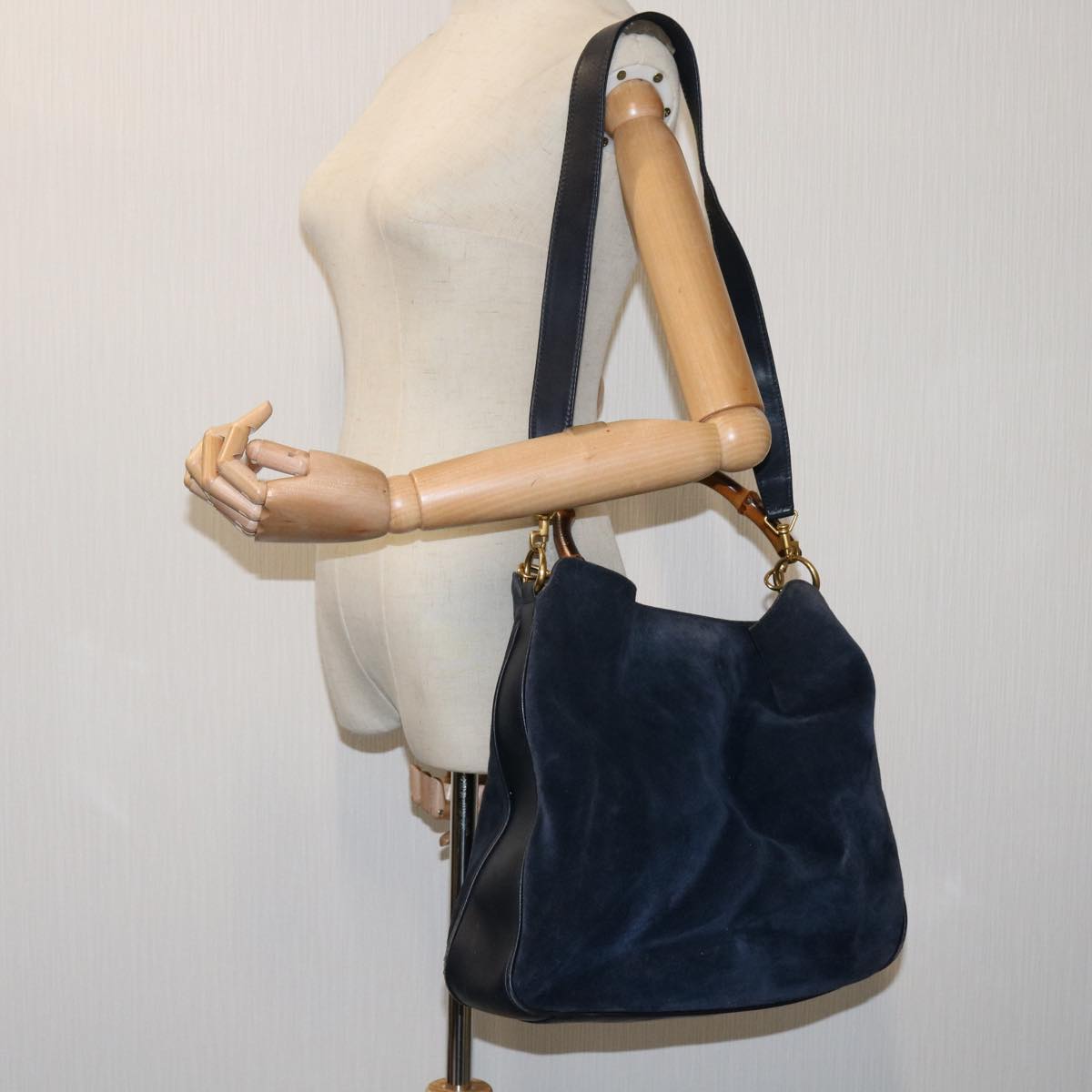 GUCCI Bamboo Shoulder Bag Suede 2way Navy 001 1014 1577 Auth 68467