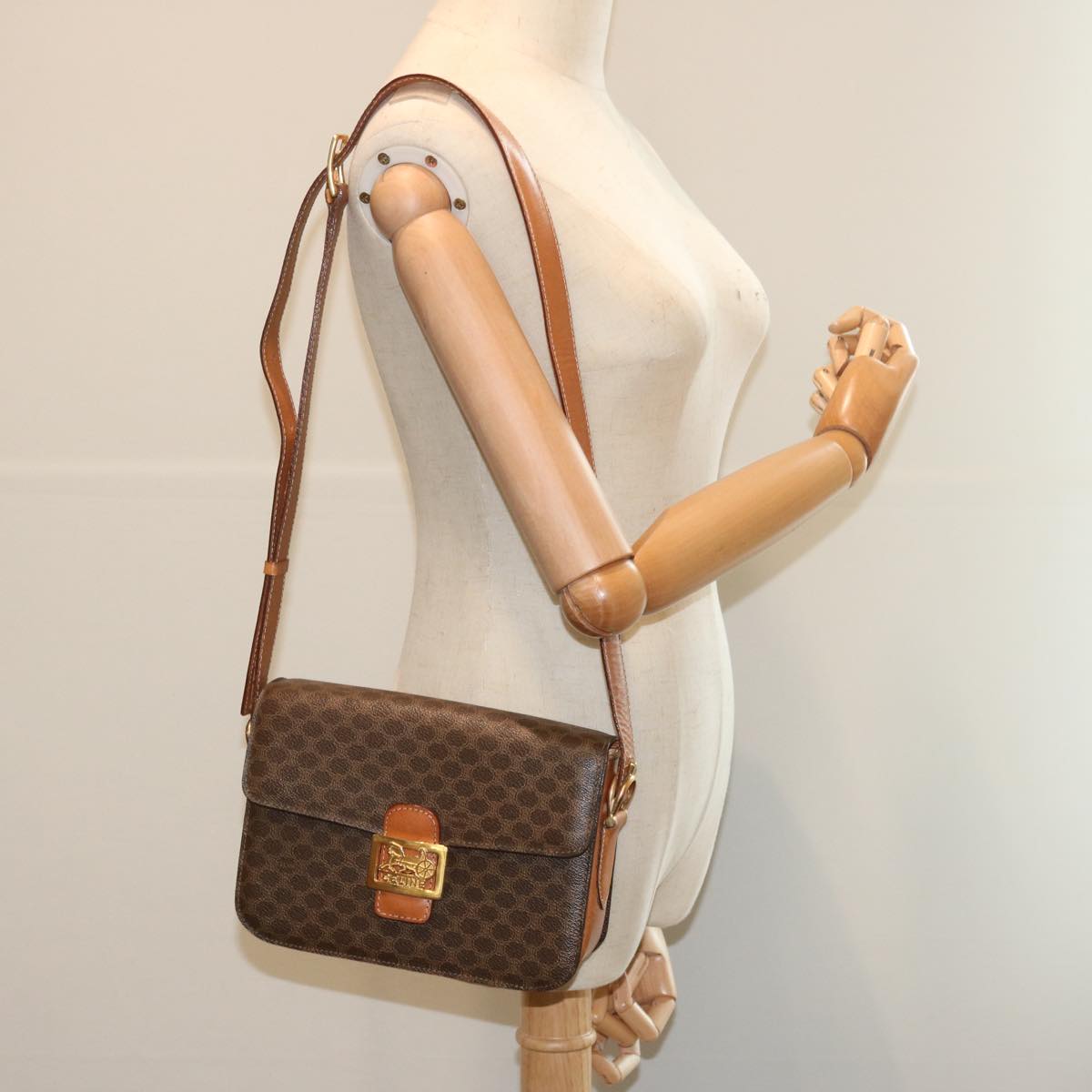 CELINE Macadam Canvas Shoulder Bag PVC Leather Brown Auth 68505