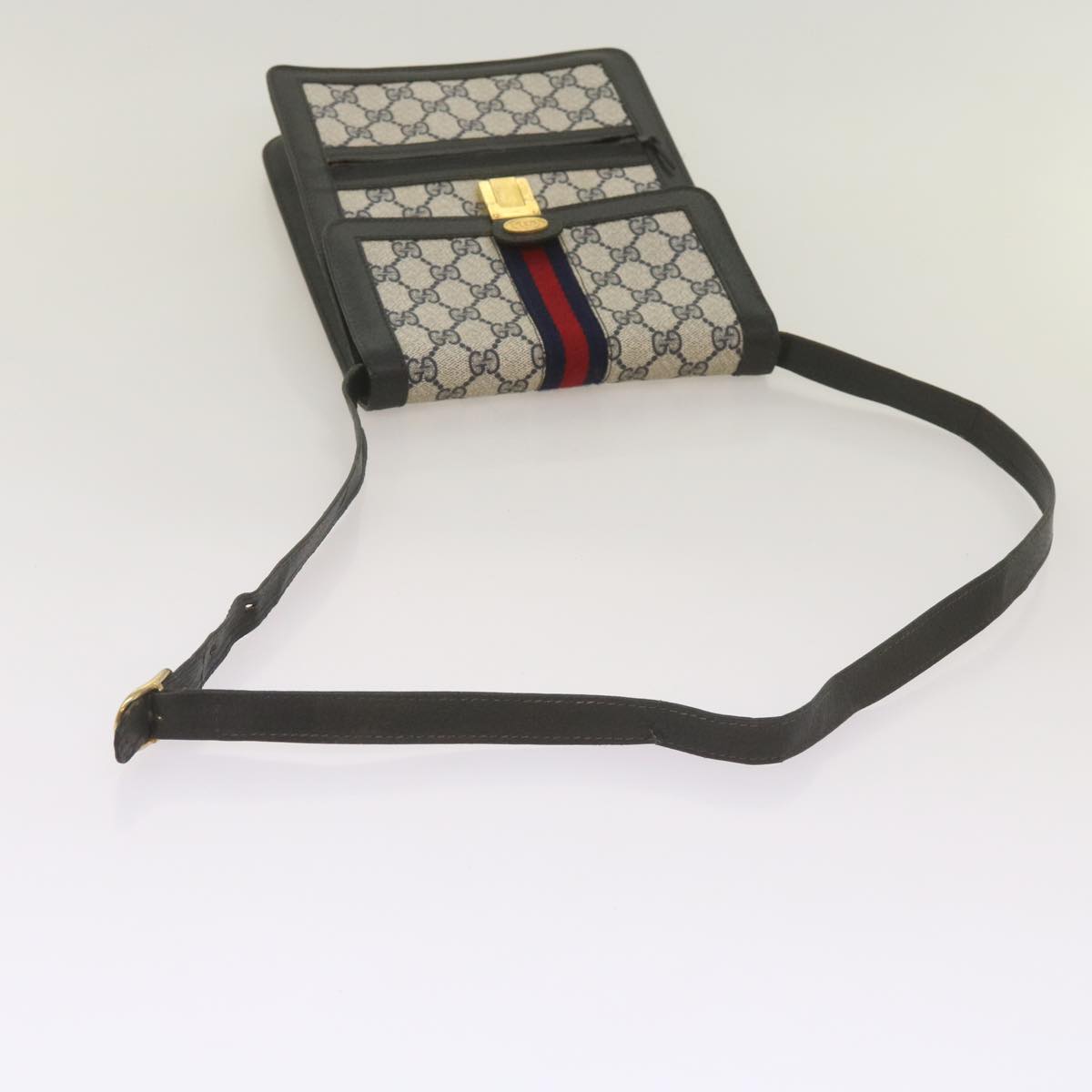 GUCCI GG Supreme Sherry Line Shoulder Bag PVC Navy Red Auth 68515