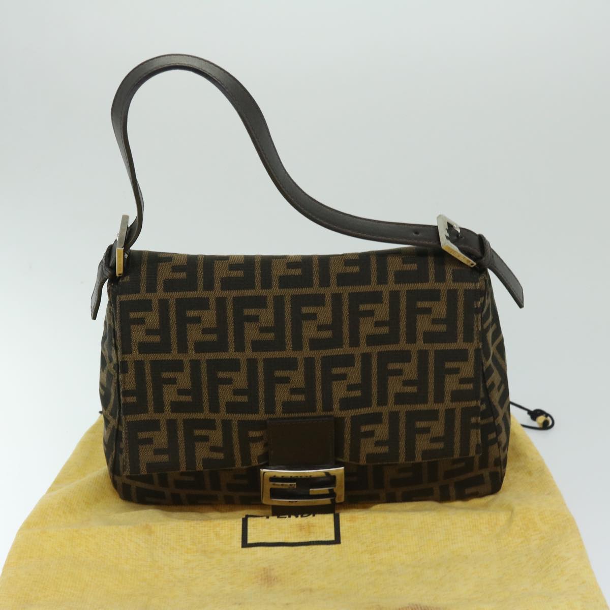 FENDI Zucca Canvas Mamma Baguette Shoulder Bag Black Brown Auth 68576A