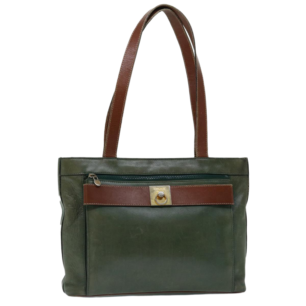 CELINE Tote Bag Leather Green Auth 68605