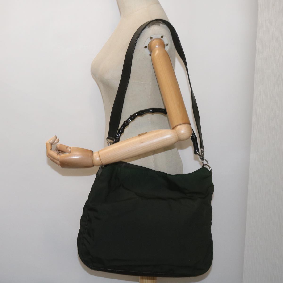 GUCCI Bamboo Shoulder Bag Nylon 2way Khaki 001 1577 Auth 68611