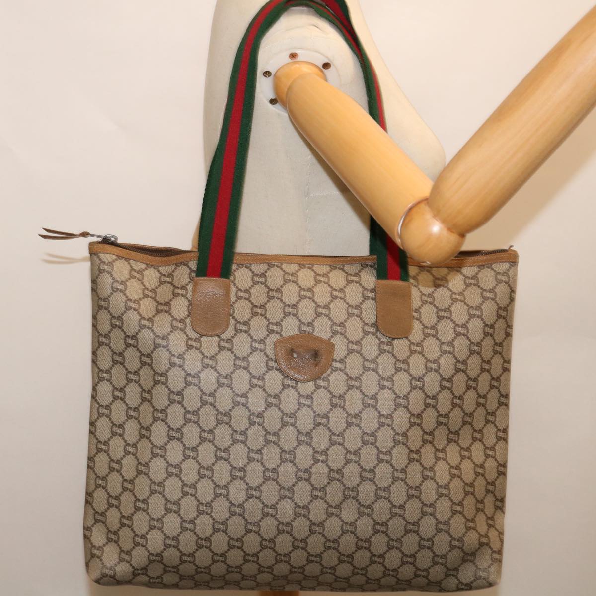GUCCI GG Plus Supreme Web Sherry Line Tote Bag PVC Red Beige Green Auth 68631