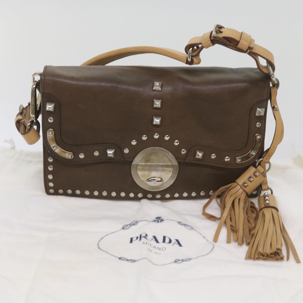 PRADA Shoulder Bag Leather Brown Auth 68666