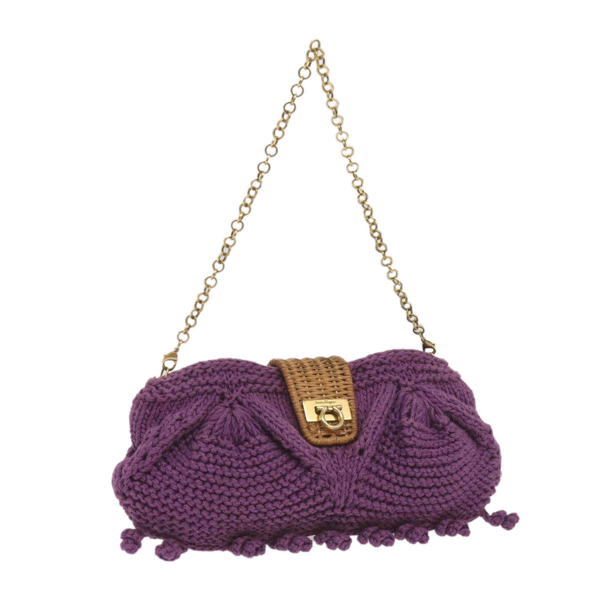 Salvatore Ferragamo Gancini Chain Shoulder Bag Cotton Purple Auth 68677A