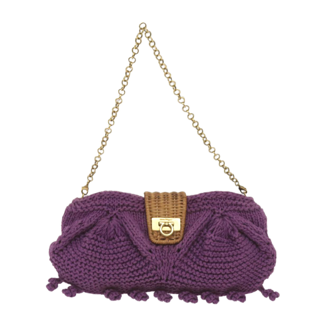 Salvatore Ferragamo Gancini Chain Shoulder Bag Cotton Purple Auth 68677A