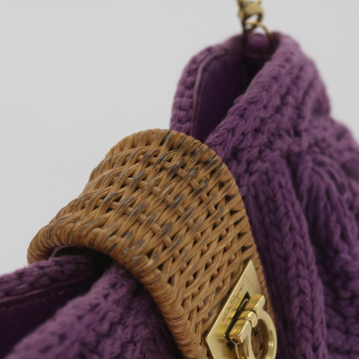 Salvatore Ferragamo Gancini Chain Shoulder Bag Cotton Purple Auth 68677A