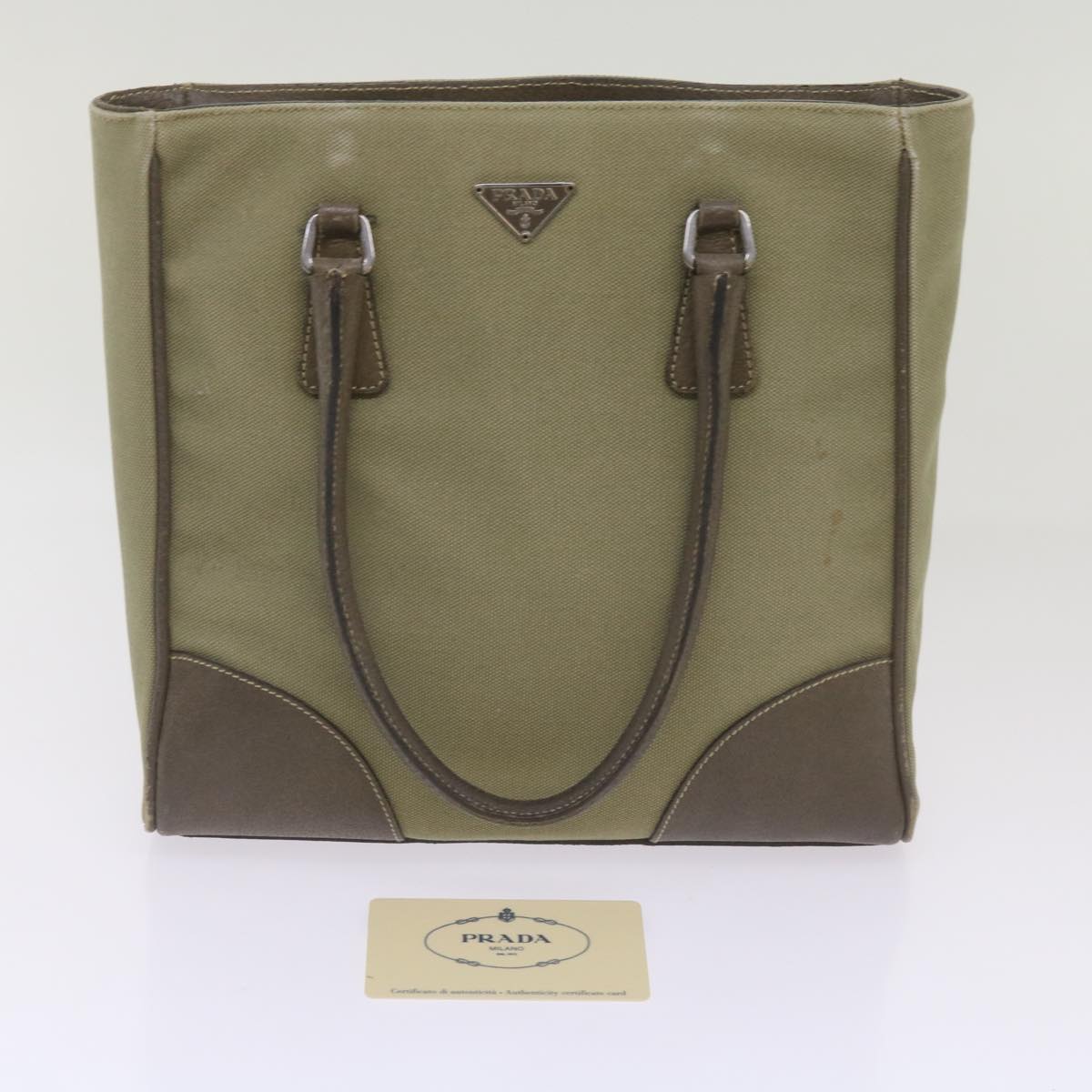 PRADA Hand Bag Canvas Khaki Auth 68681