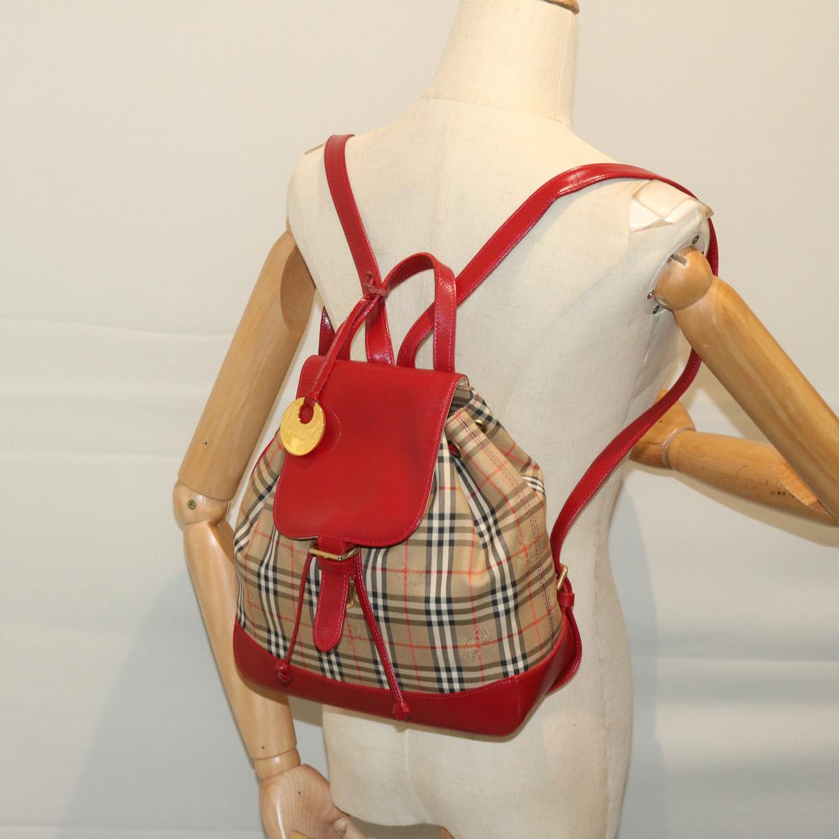 BURBERRY Nova Check Backpack Canvas Beige Red Auth 68741