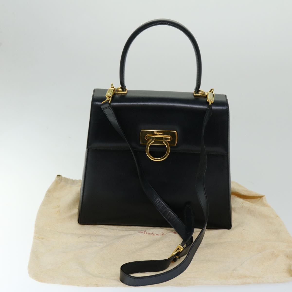 Salvatore Ferragamo Gancini Hand Bag Leather 2way Black Auth 68811
