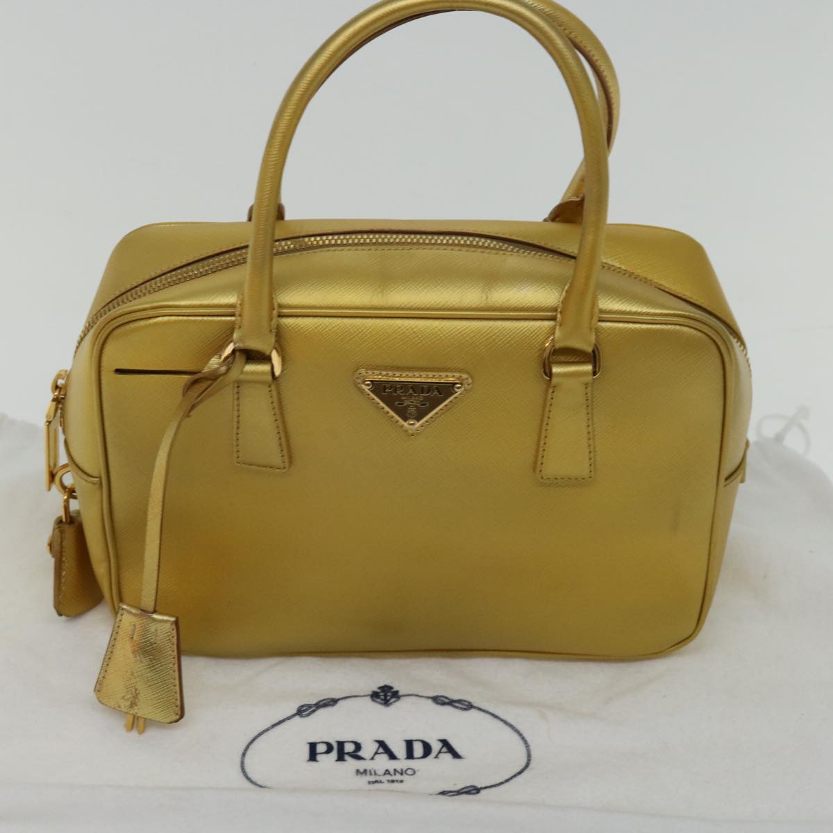 PRADA Safiano leather Hand Bag Gold Auth 68846