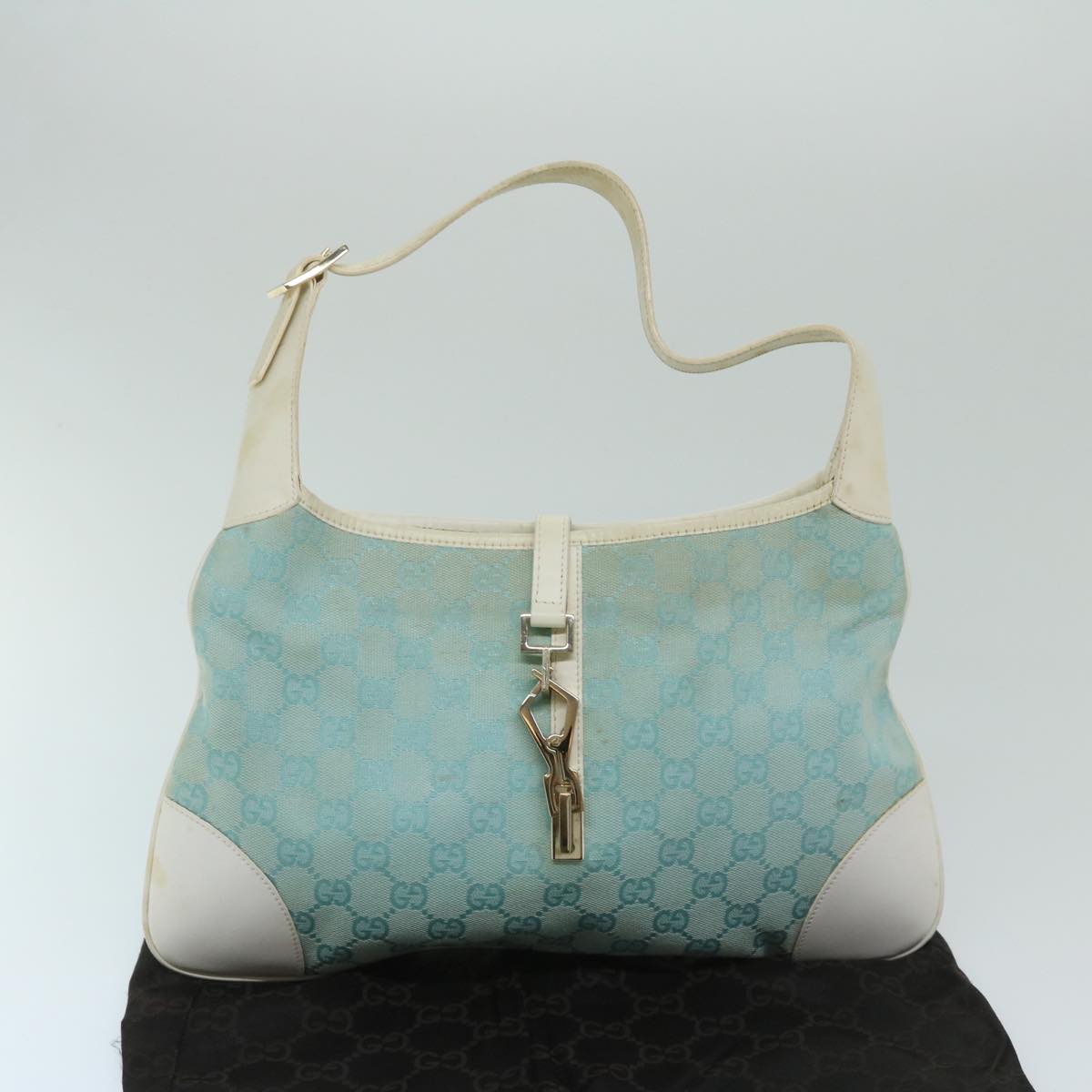 GUCCI GG Canvas Jackie Shoulder Bag Light Blue White Auth 68866