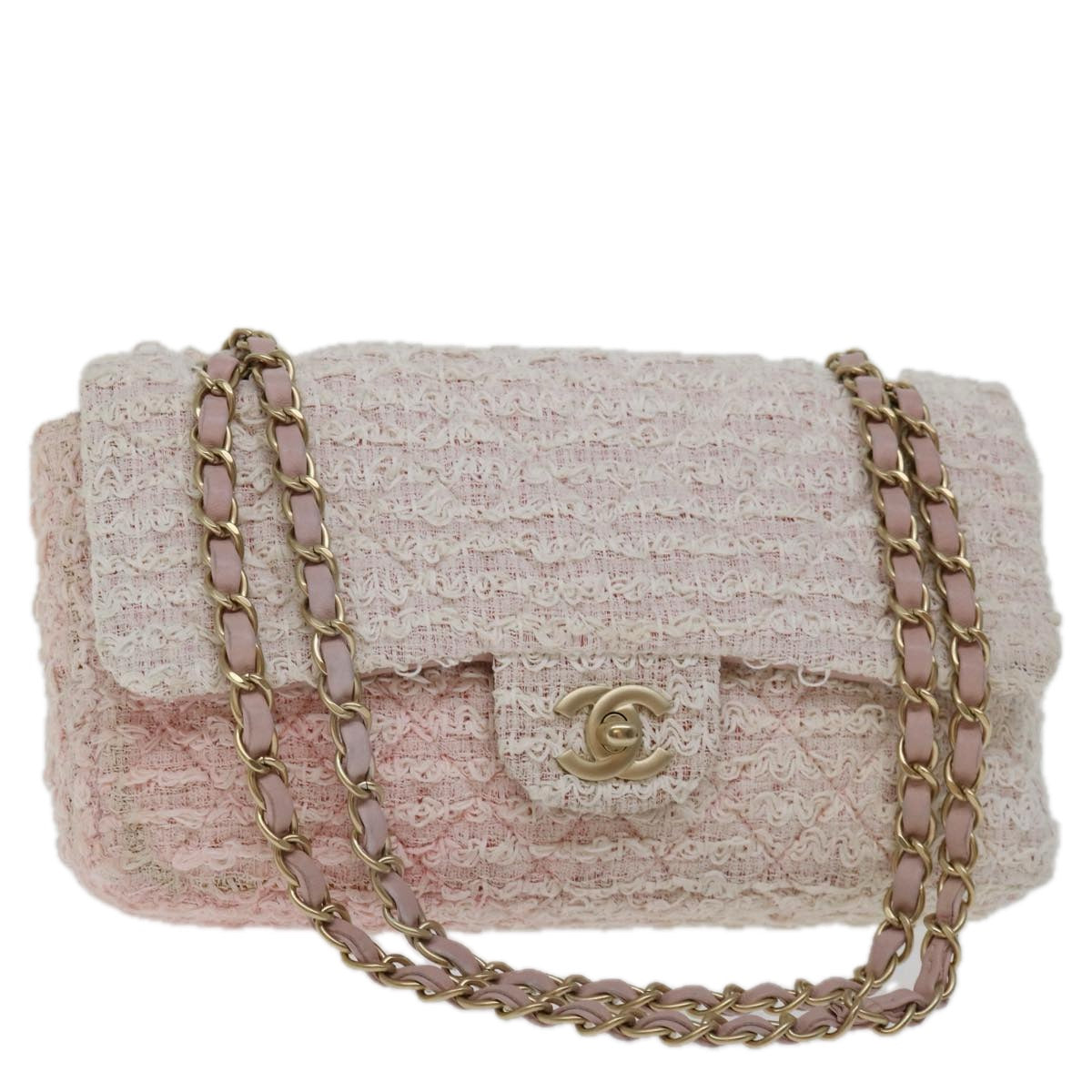 CHANEL Matelasse Chain Shoulder Bag tweed Pink CC Auth 68939A