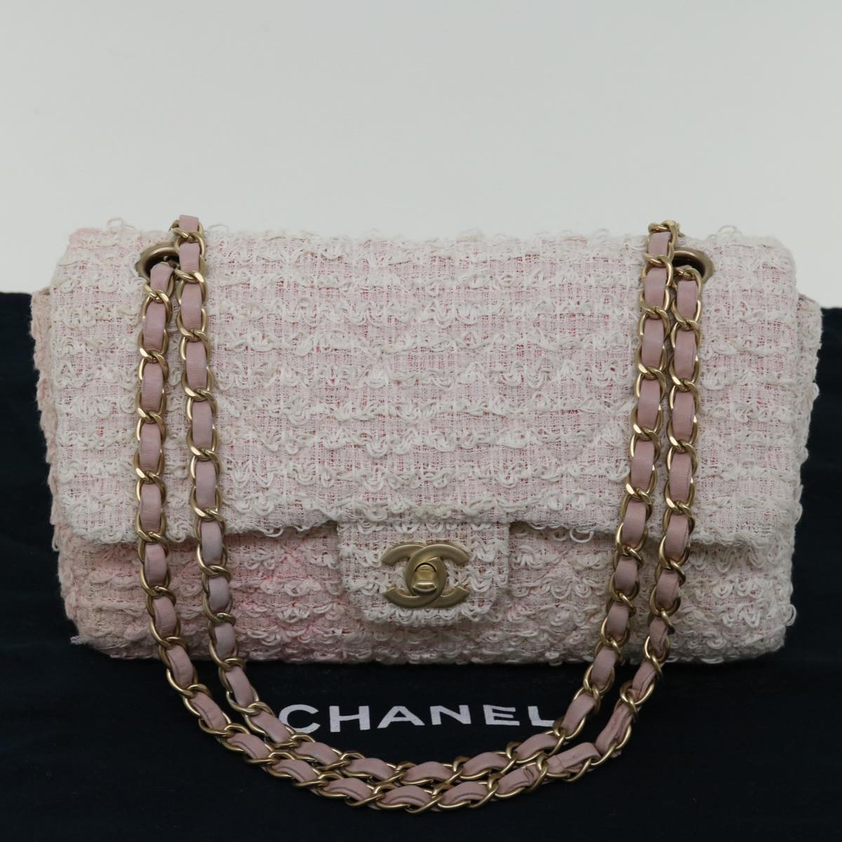 CHANEL Matelasse Chain Shoulder Bag tweed Pink CC Auth 68939A