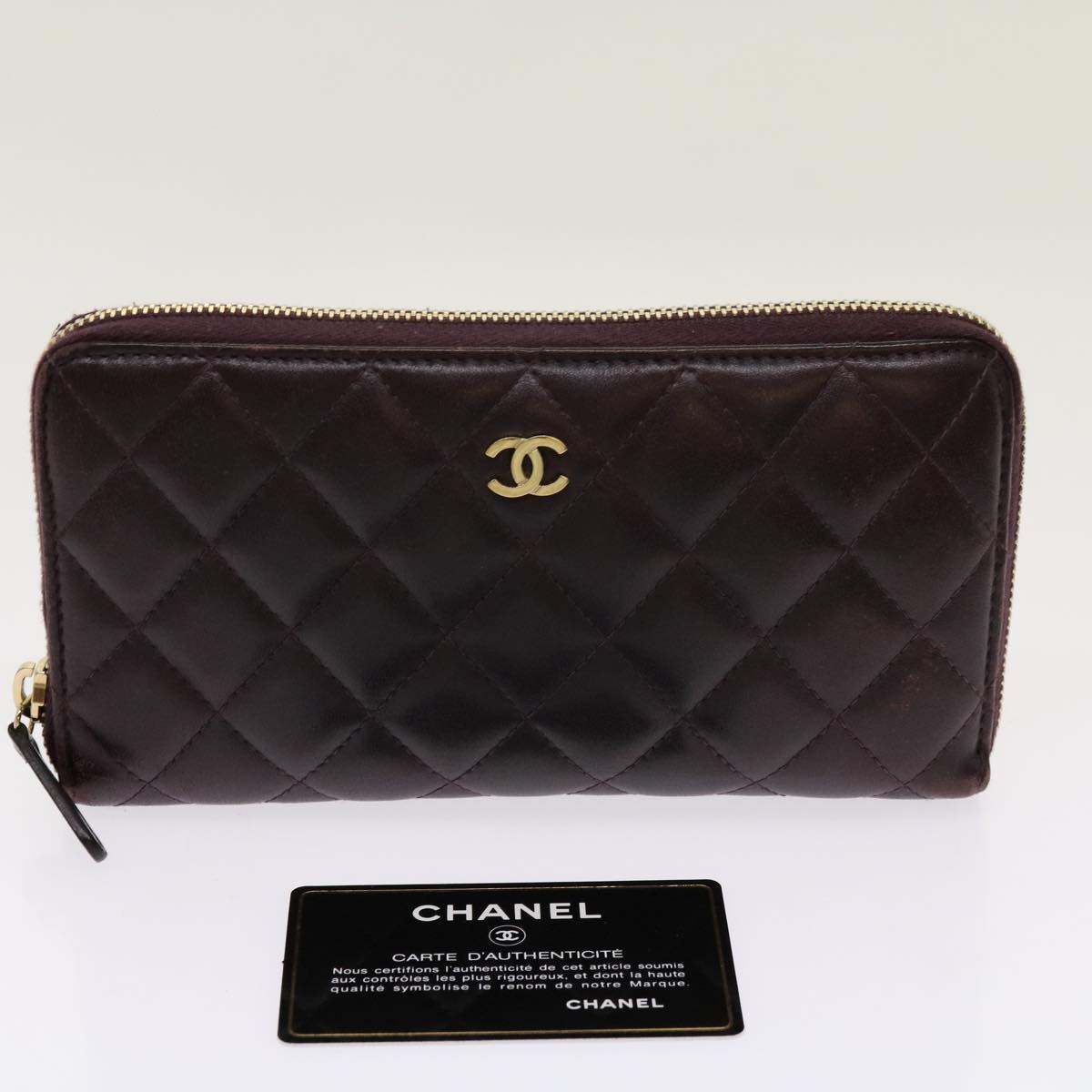 CHANEL Matelasse Long Wallet Lamb Skin Wine Red CC Auth 68987