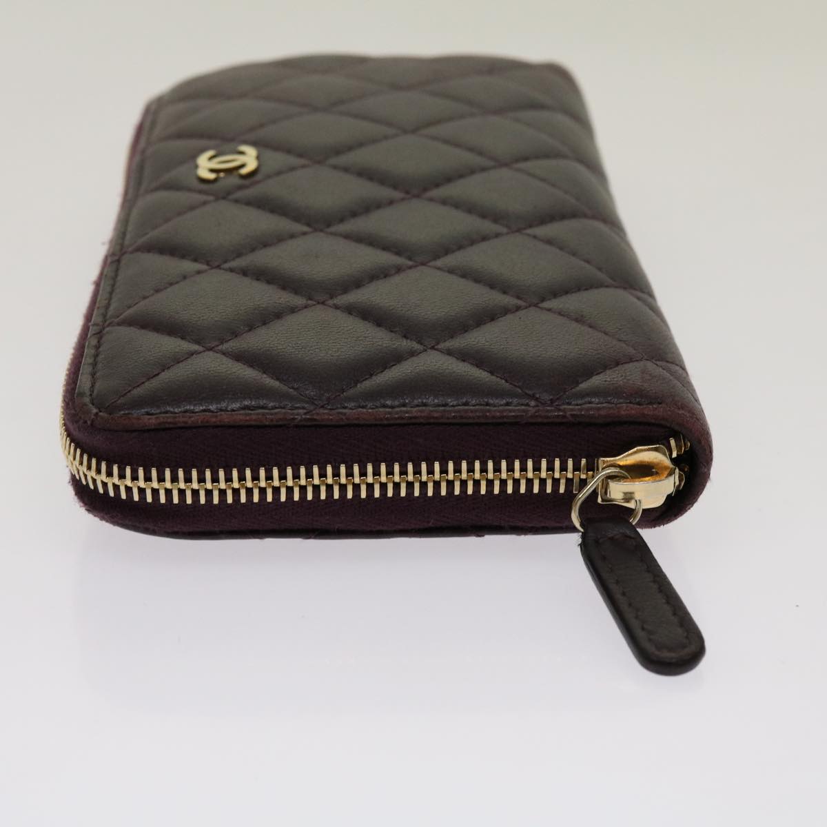 CHANEL Matelasse Long Wallet Lamb Skin Wine Red CC Auth 68987