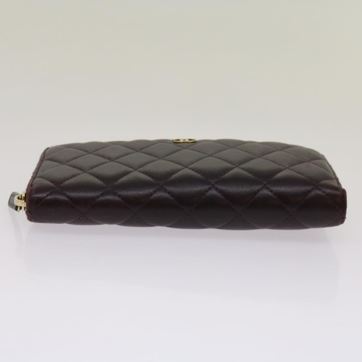 CHANEL Matelasse Long Wallet Lamb Skin Wine Red CC Auth 68987