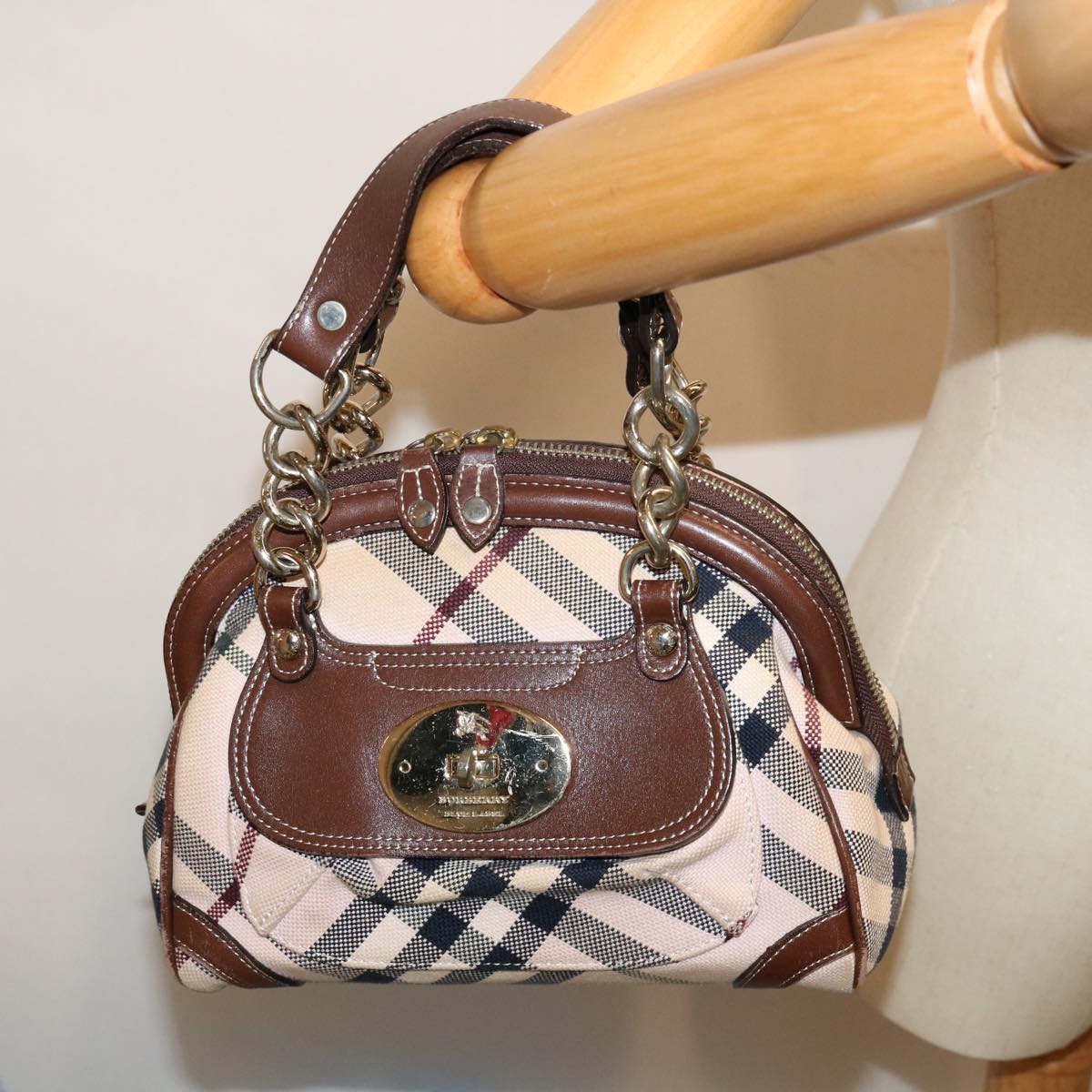 BURBERRY Nova Check Blue Label Hand Bag Canvas Beige Auth 69039