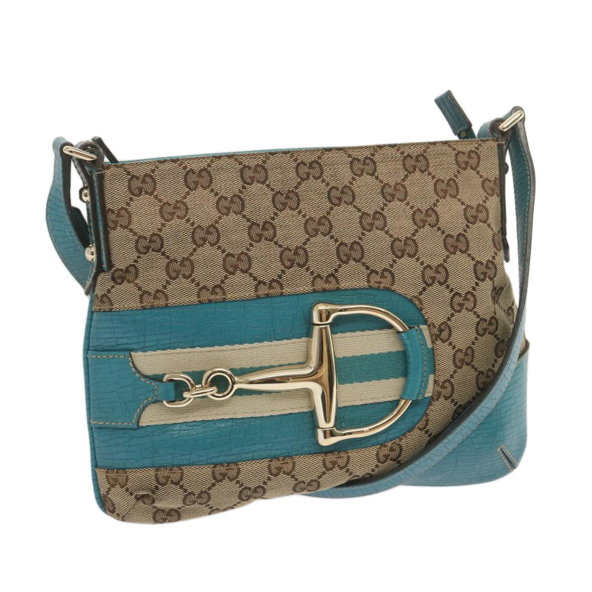 GUCCI GG Canvas Sherry Line Horsebit Shoulder Bag Beige White 141506 Auth 69050