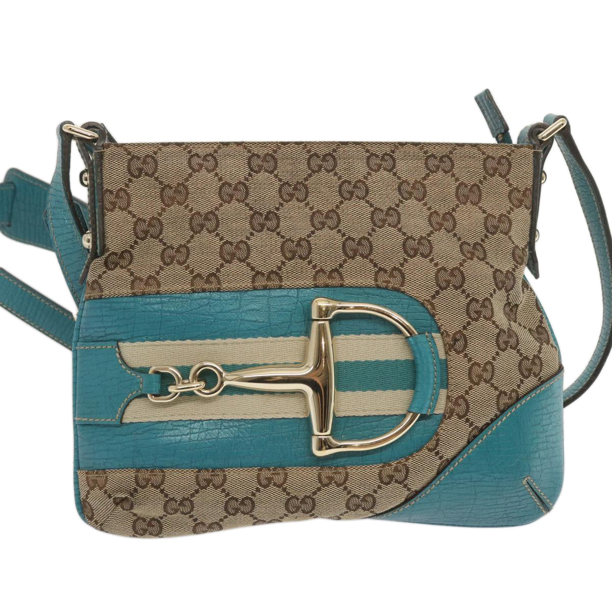 GUCCI GG Canvas Sherry Line Horsebit Shoulder Bag Beige White 141506 Auth 69050