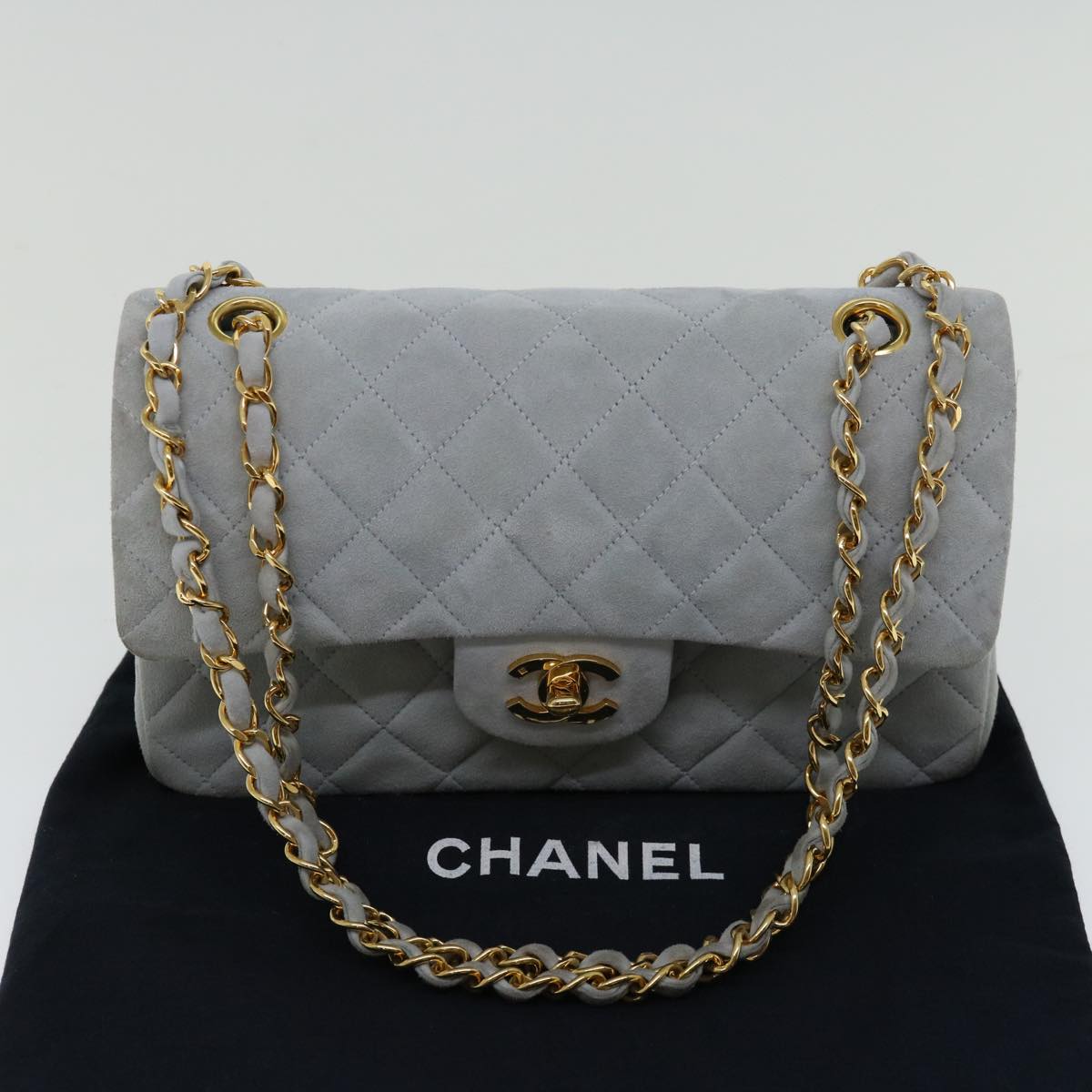 CHANEL Matelasse Chain Shoulder Bag Suede Light Blue CC Auth 69060A