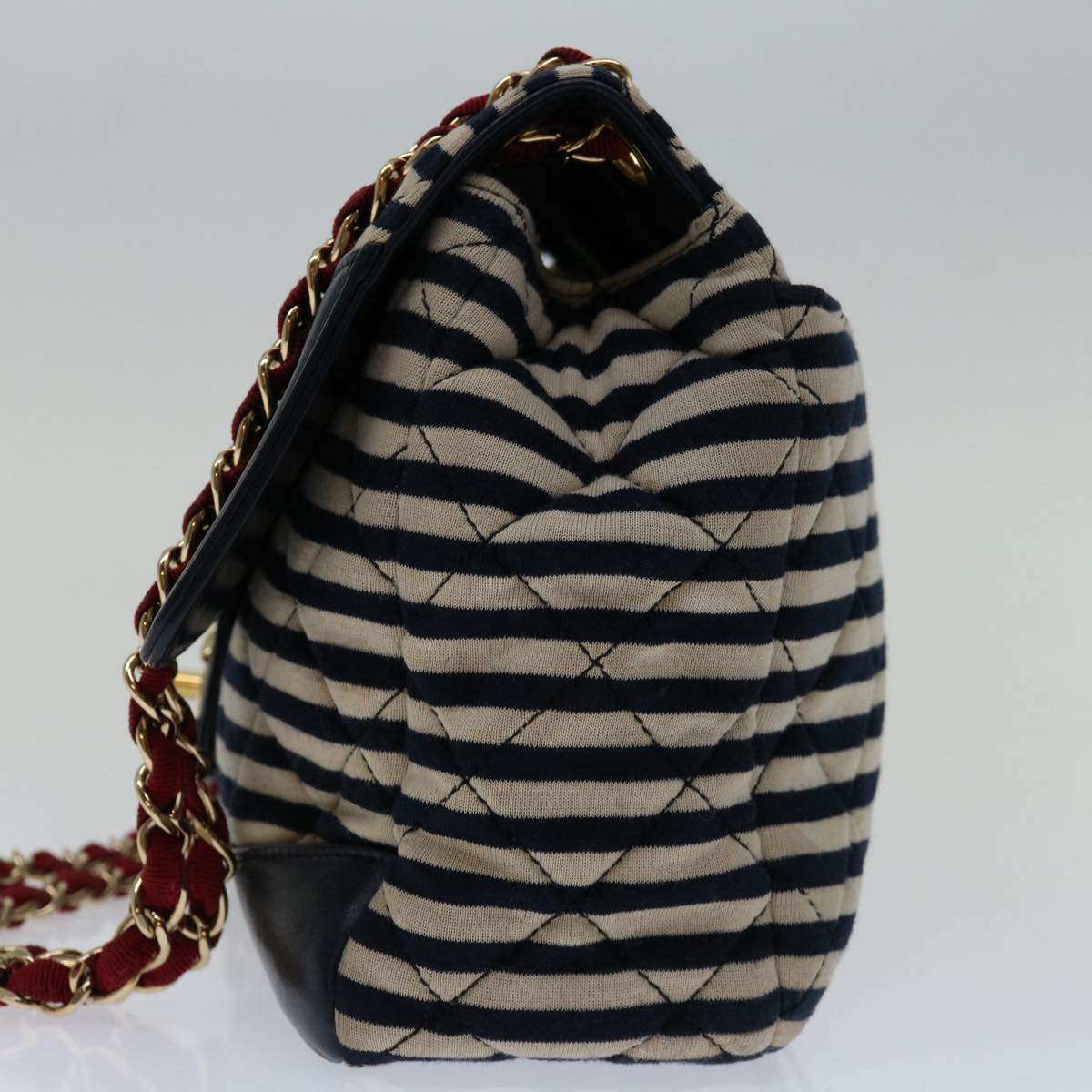 CHANEL Matelasse Chain Shoulder Bag Cotton White Navy CC Auth 69062A