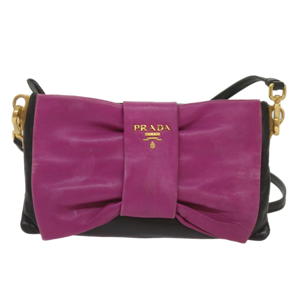 PRADA Ribbon Shoulder Bag Leather Pink Black Auth 69105