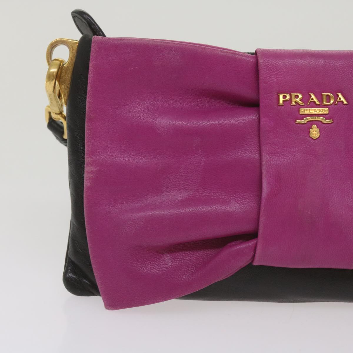 PRADA Ribbon Shoulder Bag Leather Pink Black Auth 69105 - 0