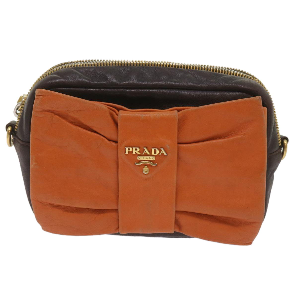 PRADA Ribbon Shoulder Bag Leather Orange Brown Auth 69111