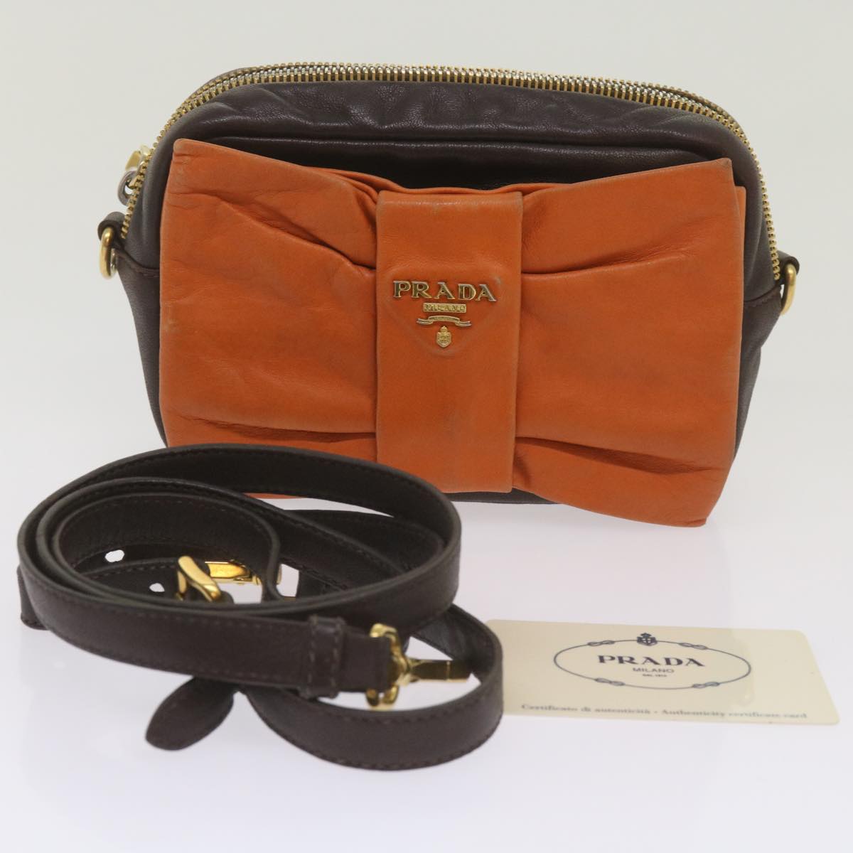 PRADA Ribbon Shoulder Bag Leather Orange Brown Auth 69111