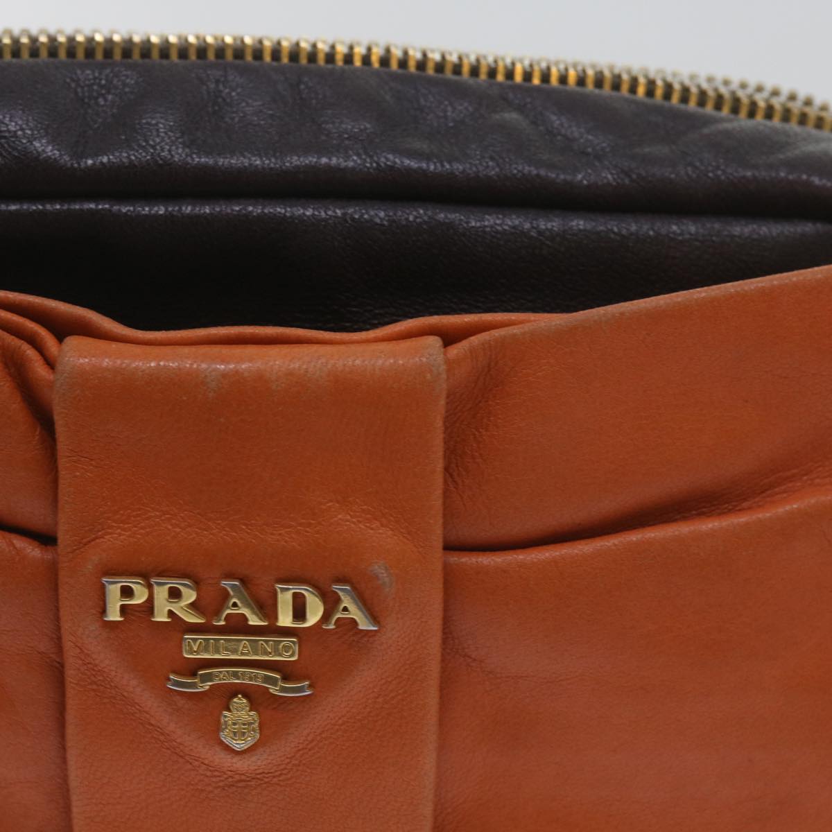 PRADA Ribbon Shoulder Bag Leather Orange Brown Auth 69111