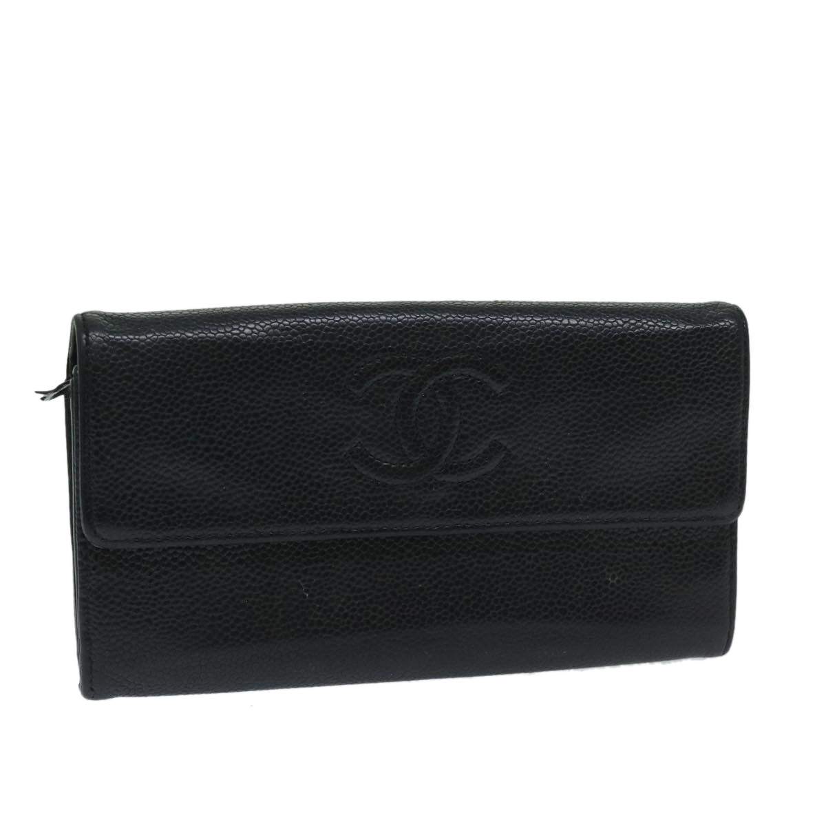 CHANEL Long Wallet Caviar Skin Black CC Auth 69134