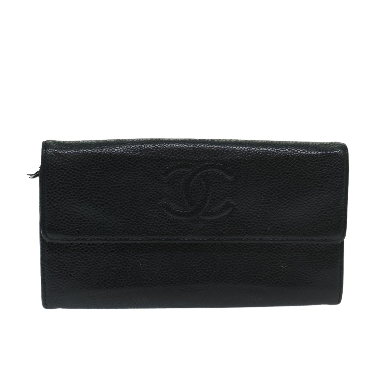 CHANEL Long Wallet Caviar Skin Black CC Auth 69134