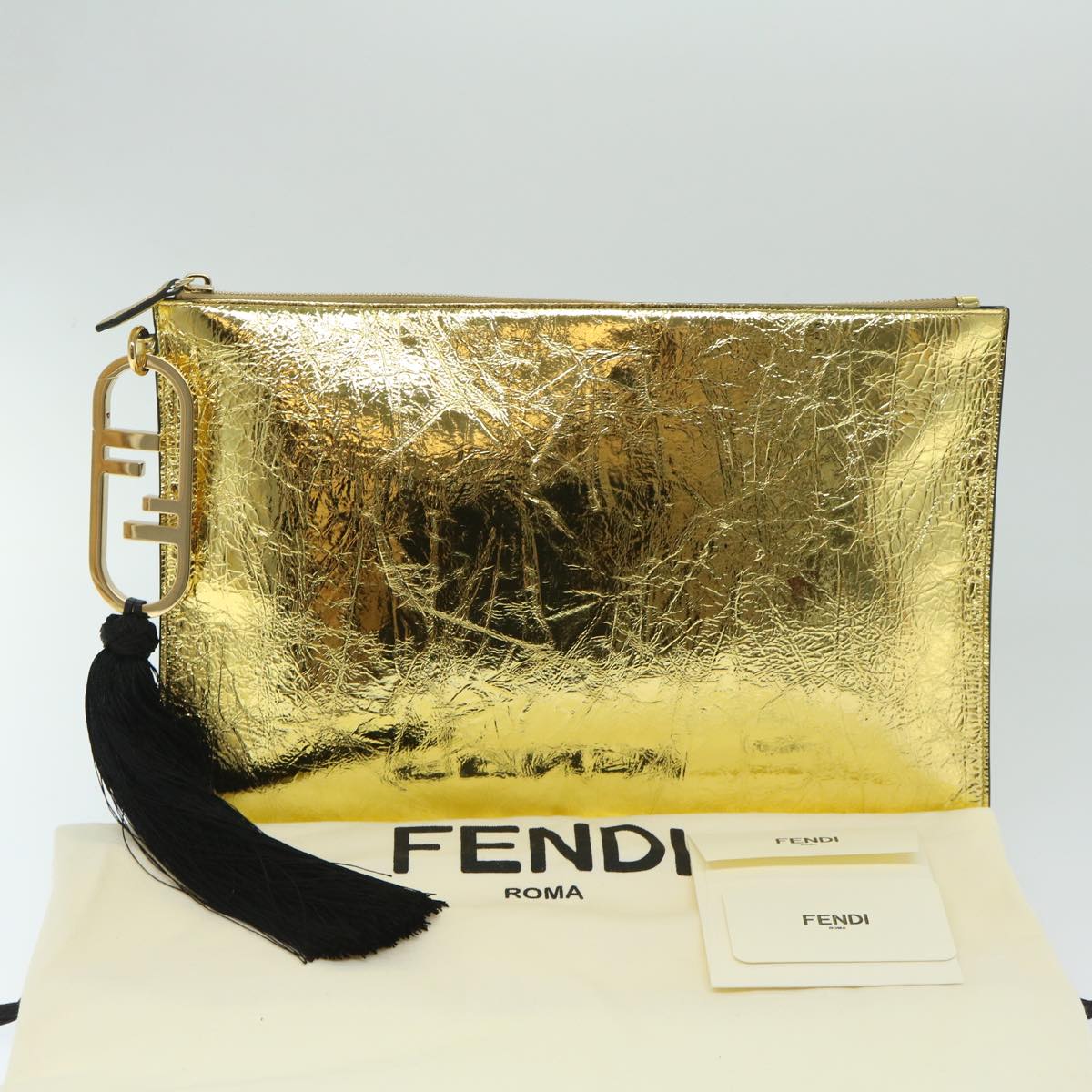 FENDI Clutch Bag Leather Gold Tone 8N0178 Auth 69145A