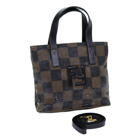 FENDI Pecan Canvas Hand Bag 2way Brown Black Auth 69215