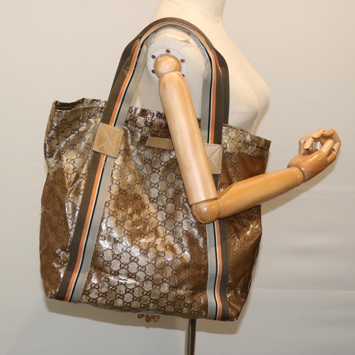 GUCCI GG Crystal Sherry Line Tote Bag Gold Tone Gray Brown 189669 Auth 69238